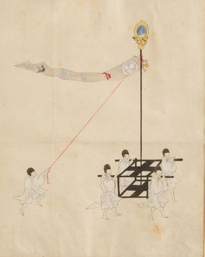 JAPON Début XXe siècle Encre et couleurs sur papier, procession de prêtres shinto.
Dim....