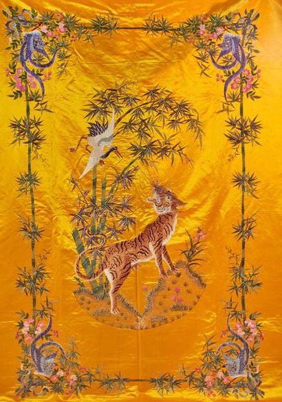 CHINE XXe siècle Polychrome embroidery on yellow silk, tiger and crane in bamboo,...
