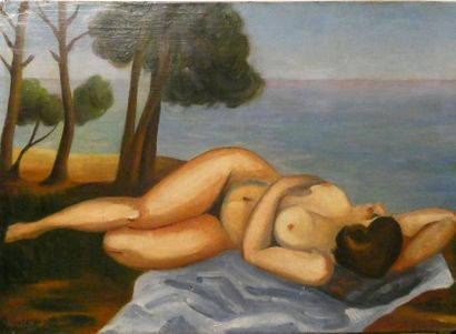 null Pierre ROSSIGNOL (1910-1988), attribué à 
Femme nue allongée dans un paysage
Huile...