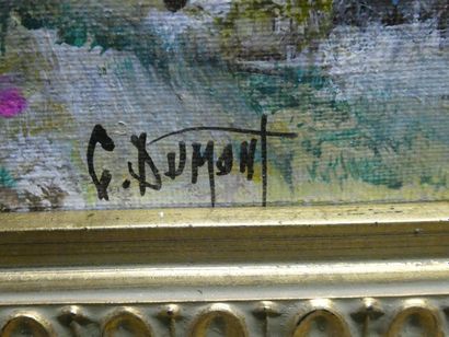null Claude DUMONT, né en 1938
Paysage normand, les charettes
Huile sur toile signée...