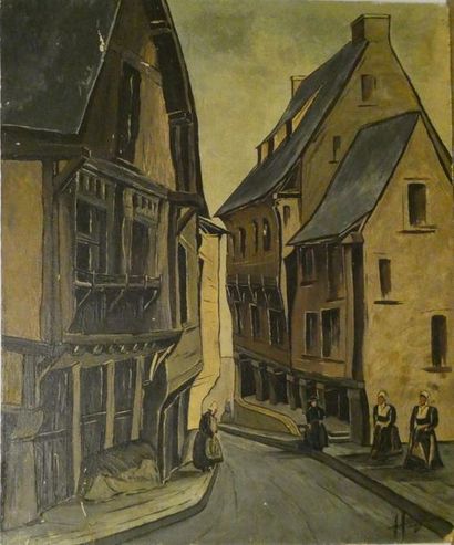null EDMOND HEUZE ( 1884-1967)
Rue animée d'une ville de Bretagne
huile sur isorel,...
