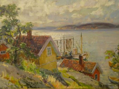 null Karl Vihelm ANSTENSEN (1913-2001)
Maisons au bord de l'eau
Huile sur toile,...