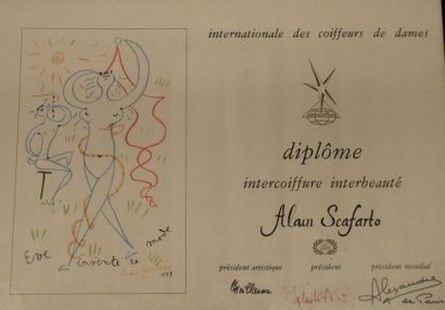 null D'après COCTEAU
Diplôme de coiffure encadré orné sur la droite d'une lithographie...