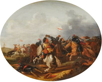 ATTRIBUÉ À JAN MARTENS DE JONGE (1609-1647) 
Choc de cavalerie
Panneau ovale, deux...