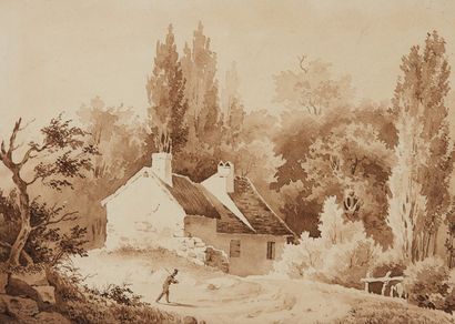 AIMÉ MATHE (ACTIF AU XIXe SIÈCLE) 
Walkers near a thatched cottage
Pen and brown...