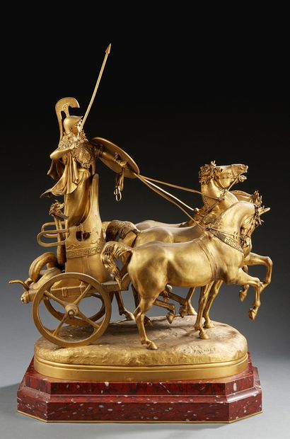 EMMANUEL FREMIET (1824 - 1910), D'APRÈS. 
Le Char de Minerve
Bronze à patine dorée...