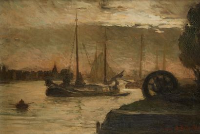 Angele DELASALLE (1867-1938) 
Péniches sur les quais de Seine
Huile sur toile signée...