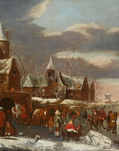 ATTRIBUÉ À RUTGER VERBUGH (1678 - VERS 1746) 
Scène d'hiver dans un village
Toile
Porte...