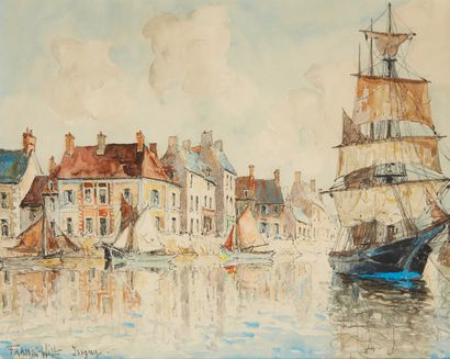 FRANK WILL (1900-1950) 
Voilier dans le port d'Isigny
Aquarelle signée en bas à gauche...