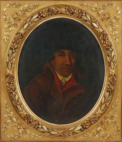 Ecole Etrangère vers 1800 
Portrait of Man in Red Jacket
Oil on canvas in an oval...
