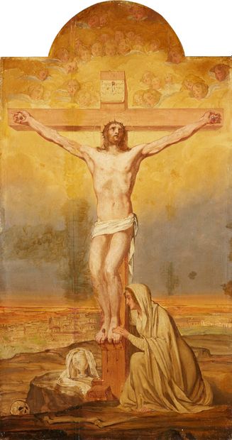 VINCENT FÉRAUD (MARSEILLE 1800-1875) 
La Crucifixion
Panneau cintré dans sa partie...