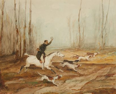 Joseph BEAUME (1796-1885) 
Scène de chasse à courre
Aquarelle sur papier, signée...