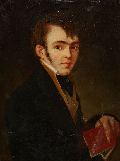 Ecole Francaise vers 1840 
Portrait of a man holding a book
Panel (Flemish palette)
22...