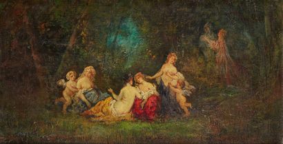École du XIXe siècle Groupe de femmes dénudées et amours dans un sous bois
Huile...