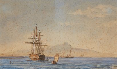École Française du XIXe siècle Pêcheurs en bord de mer
Bateau au large
Paire de dessins,...