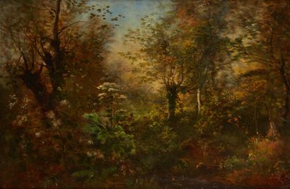 Antoine CHINTREUIL (1814-1873) 
Reines des prés au bord du ruisseau
Huile sur toile...