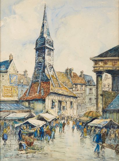 FRANK WILL (1900-1950) 
Le marché et l'église Ste Catherine à Honfleur
Aquarelle...