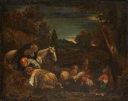 Attribué à Pier Francesco MOLA (1612 - 1666) 
Le repos des bergers
Toile
41 x 33,5...