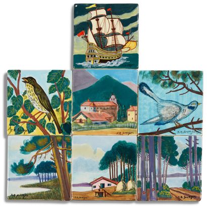 Jean Roger SOURGEN (1883-1978) 
Suite de six carreaux de céramique décorés et présentant...