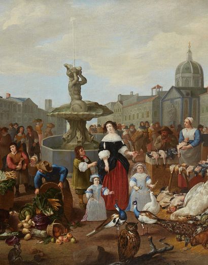 MATTHEUS VAN HELMONT (ANVERS 1623 - BRUXELLES 1679) 
Scène de marché
Toile
Signé...