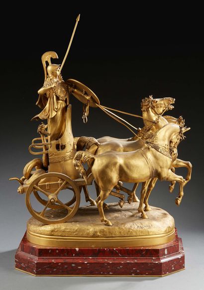EMMANUEL FREMIET (1824 - 1910), D'APRÈS. 
Le Char de Minerve
Bronze à patine dorée...