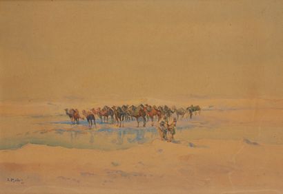 L. MADER Herd of dromedary in the desert
Watercolor signed lower left.
Size : 34...