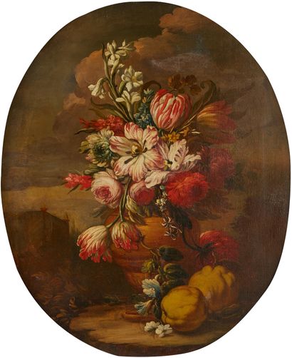 Ecole Italienne du XIXe siècle Vase de fleurs et de fruits sur un paysage
Toile ovale
83...