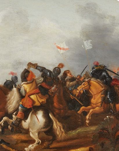 ATTRIBUÉ À JAN MARTENS DE JONGE (1609-1647) 
Choc de cavalerie
Panneau ovale, deux...