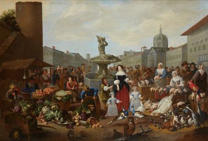 MATTHEUS VAN HELMONT (ANVERS 1623 - BRUXELLES 1679) 
Scène de marché
Toile
Signé...