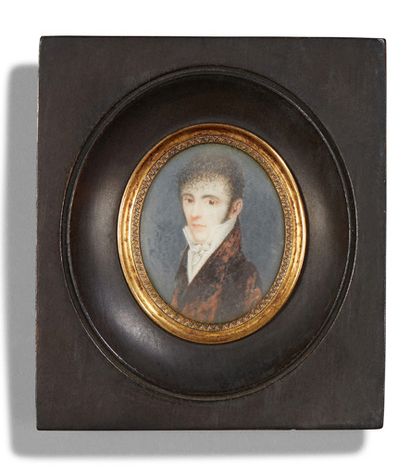 Travail du XIXe siècle 
Portrait d'homme à la redingote
Miniature à vue ovale.
Dim....