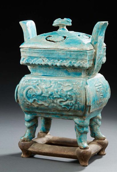 CHINE Rectangular ceramic incense burner resting on four feet with a turquoise blue...