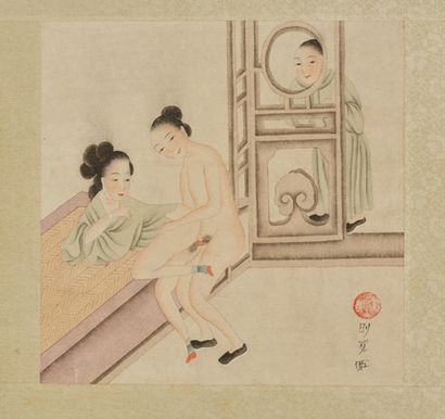 JAPON Ensemble de dix dessins sur papiers encadrés de tissu.
Signés et monogrammés.
Tailles...