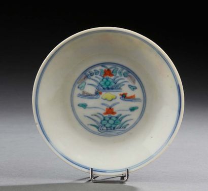 CHINE Circular porcelain bowl decorated in Doucaï polychrome enamels with two ducks...