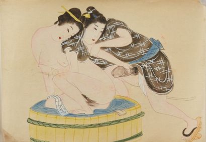 JAPON Ensemble de deux aquarelles érotiques.
Dim. : 19 x 26 cm