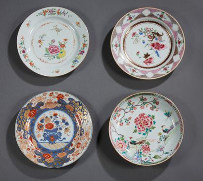 CHINE Set of four plates, one of which is an enamelled porcelain soup plate with...
