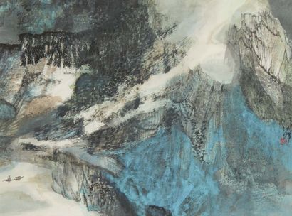 CHINE Aquarelle sur papier figurant une paysage de montagne et rivière.
Signature...