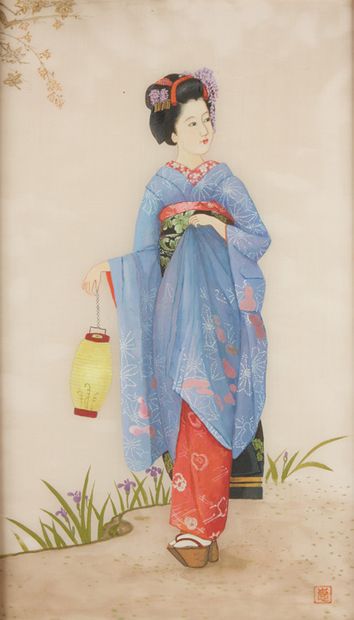 JAPON Peinture sur papier figurant une femme en kimono portant une lanterne. Marque...