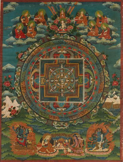TIBET THANGKA peint sur papier représentant de nombreux personnages et Dieux du panthéon...
