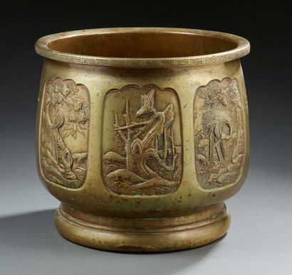 CHINE Important bronze cache pot with patina medal with naturalist decoration in...