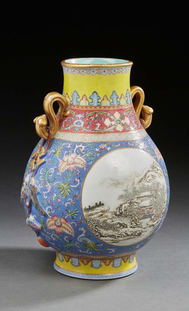 CHINE Porcelain vase of baluster shape decorated in enamels of the rose family; on...