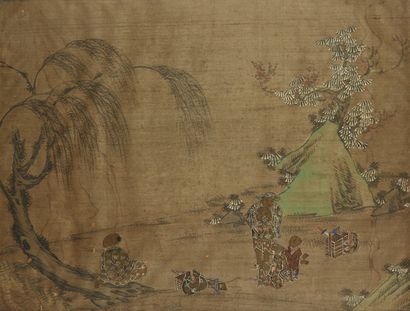 CHINE Paire de peintures sur tissu
Scènes de genre.
Dim. : 37,5x49 cm (à vue)