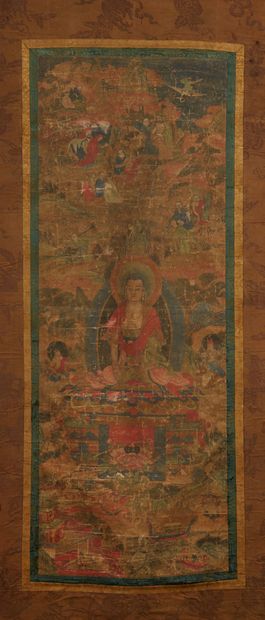 TIBET THANGKA painted on silk depicting Amitayus sitting in dhyanasana on a lotus-shaped...