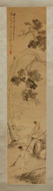 CHINE Encre et couleurs sur papier.
Peinture illustrant un poète sous un arbre et...