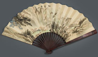 CHINE Large fan on wallpaper of a mountainous landscape scene with literate people...