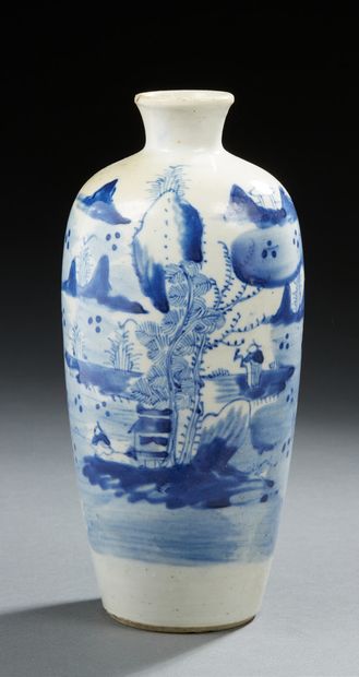 CHINE Porcelain Meiping vase decorated in blue with characters on terraces with mountains...