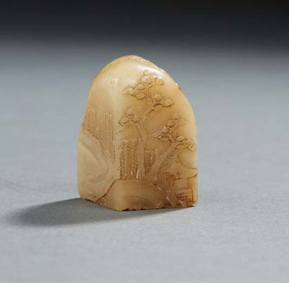 CHINE Carved soapstone seal in the shape of a terminal with naturalistic motifs on...