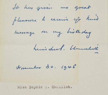 [CHURCHILL]. Lettre adressée à Mme Sophie H. Chaillot
L.A.S, sur papier à entête...