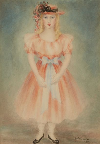 DELABRUYERE Jeune femme à la robe rose
Aquarelle, signée en bas à droite datée 39
Dim....