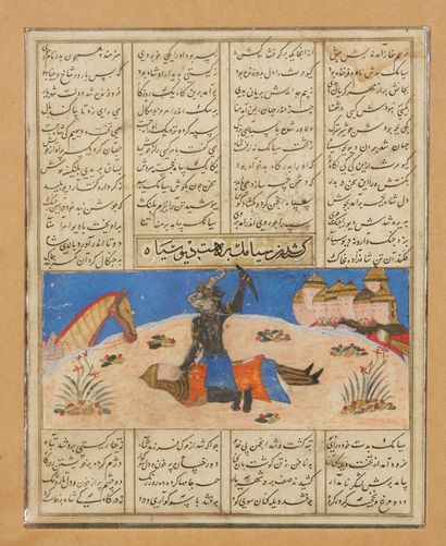 IRAN XVIe siècle. Deux miniatures du Livre des Rois.
Dim. : 30 x 22cm et 20,5 x 16,5cm...