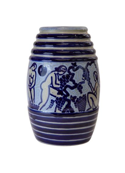 FRANÇOIS ROGER POUR MALICORNE Vase cylindrique en céramique émaillée polychrome bleu...